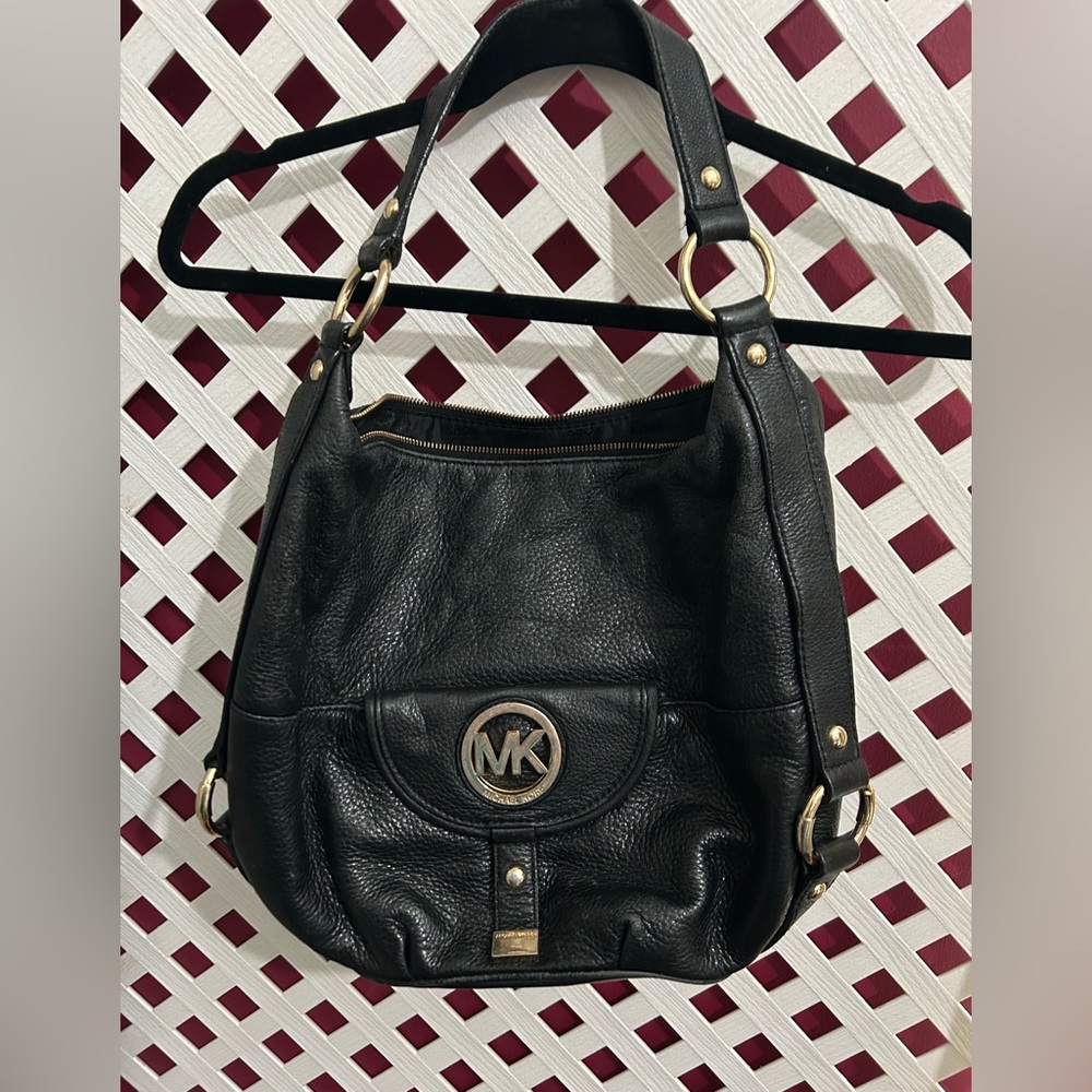 Michael Kors Black Leather Shoulder Hobo with Gold Hardware